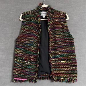 Vintage Chicos Vest 2 L 12 US Silk Rainbow‎ Woven Fringe Colorful Boucle Artsy